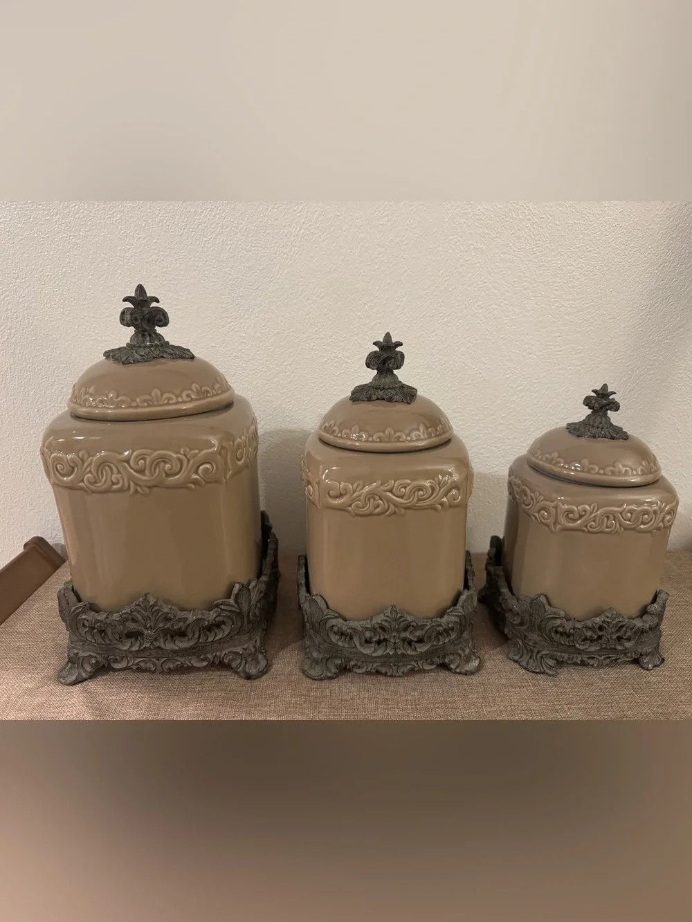 Drake Design Fleur De Lis Tall Tuscan Scroll Canister Set Taupe